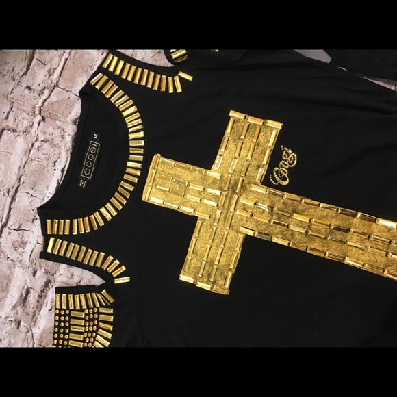 NWT hard to find CooGi black/gold design cold shoulder long sleeve top M. - Picture 7 of 9